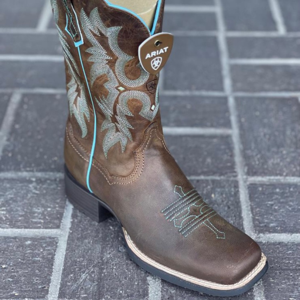 Ariat Brown Western Cowboy Boots with Turquoise Stitching